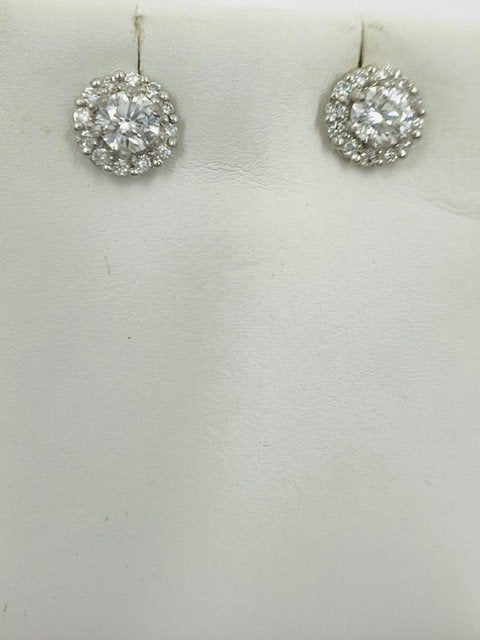 White Diamond Halo and Center StoneStuds 1Ct TW in Platinum Setting Earrings