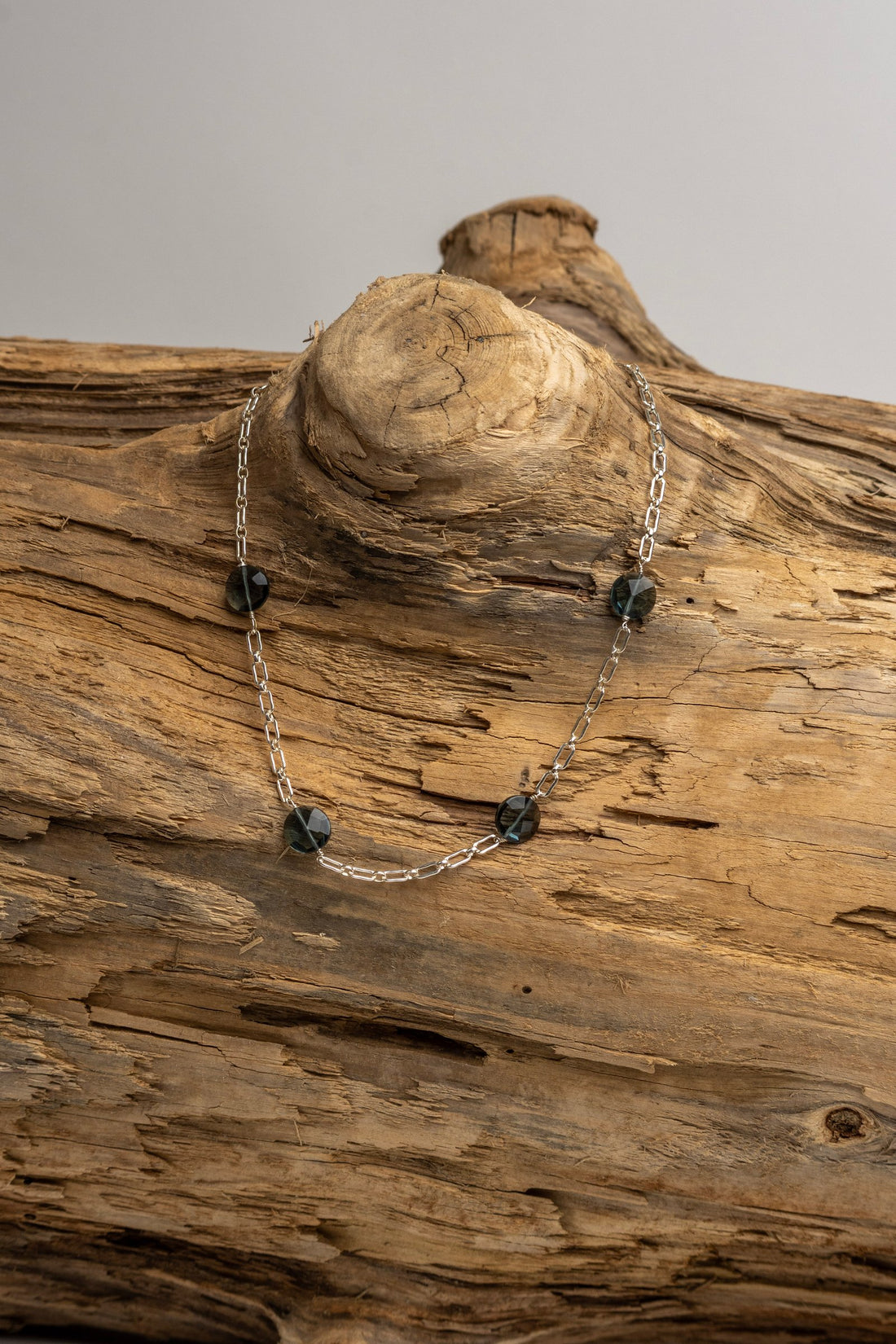 Hand Wrapped Sterling Silver Paperclip Chain with London Blue Coin Shaped Stones