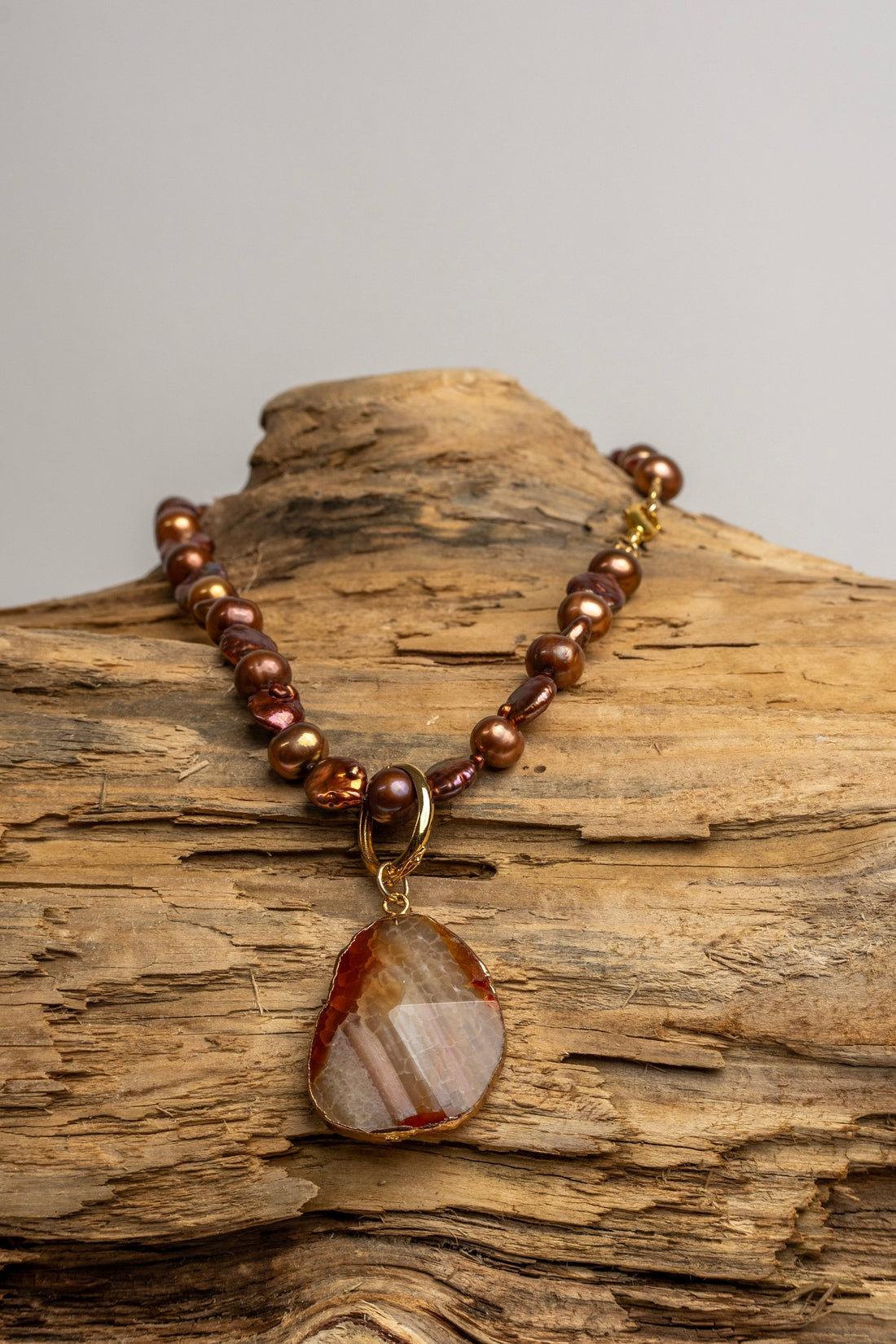 Brown Keshi Pearl Necklace with Agate and Gold Removable Clasple Drop