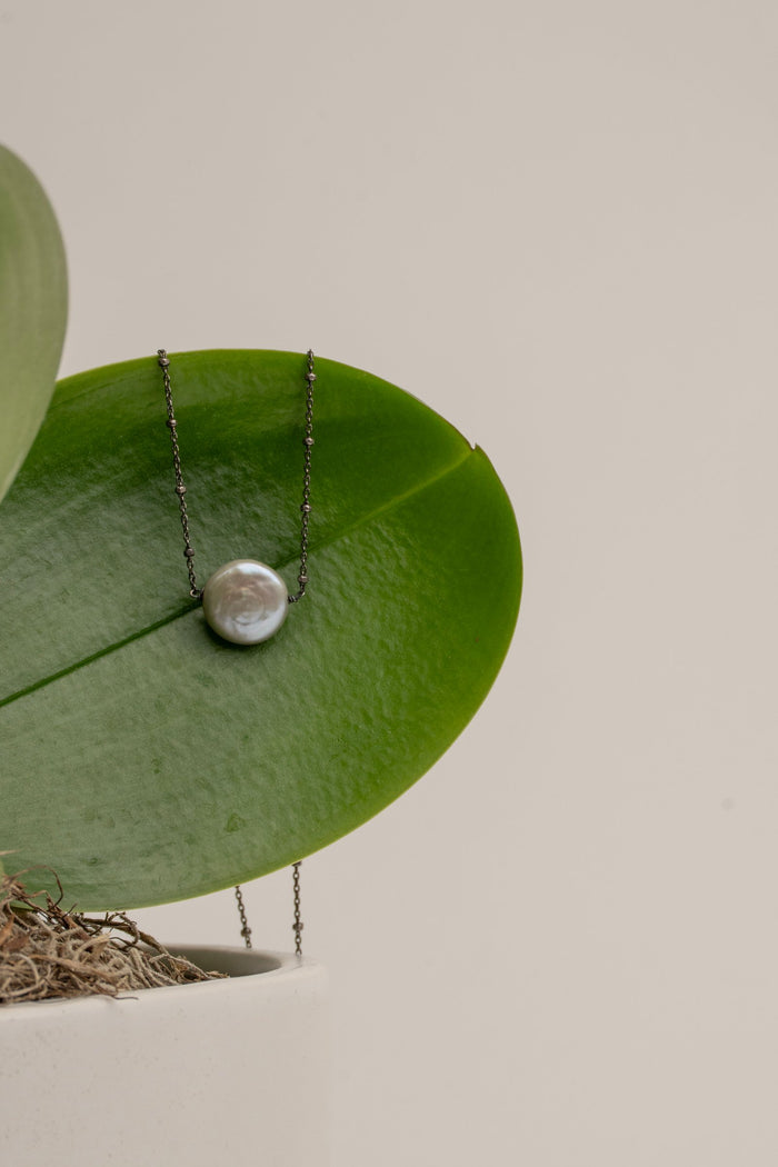 White Coin Pearl on Anodized Sterling Silver Chain