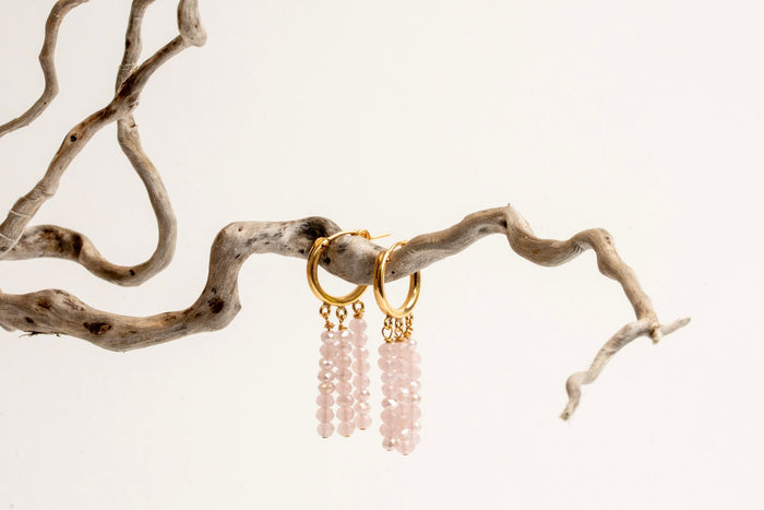 12mm Gold Filled Hoops with 3 Column Stone Drops in Pink Chalcedony