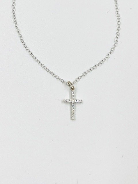 14 Kt White Gold and All Diamond Cross on a 15.5" Delicate Chain