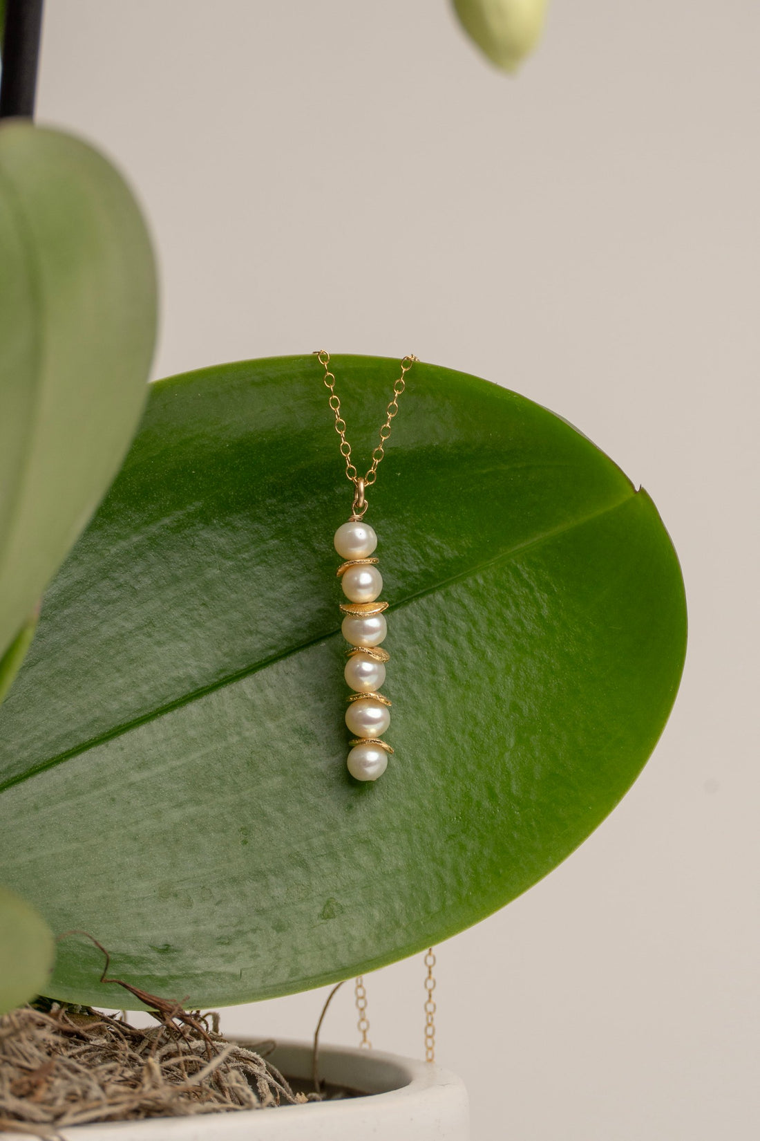 Hand Wrapped 6- 5.5mm White Pearl and Gold Accent Column Necklace