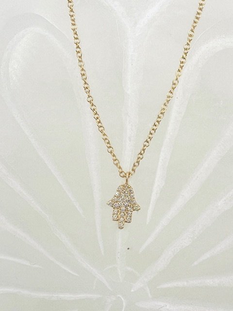 All Diamond 14Kt Gold Hamsa on Delicate 15.5" Chain