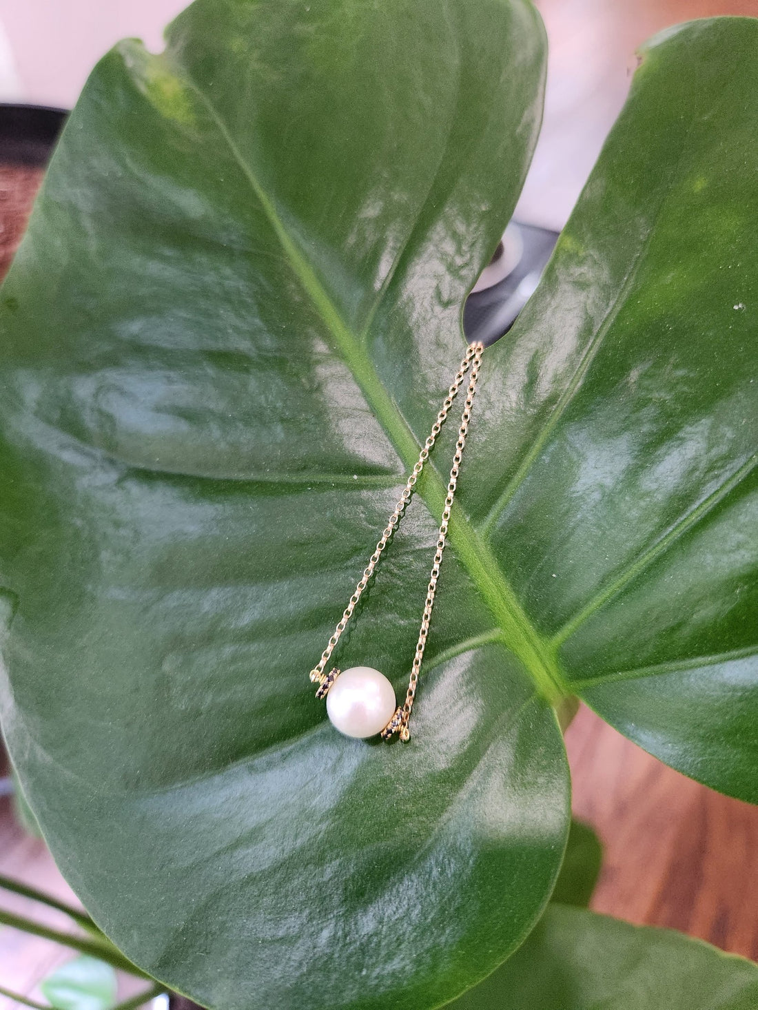 Premium Akoya 8mm White Pearl and Blk Diamond Drop 15.5" Necklace