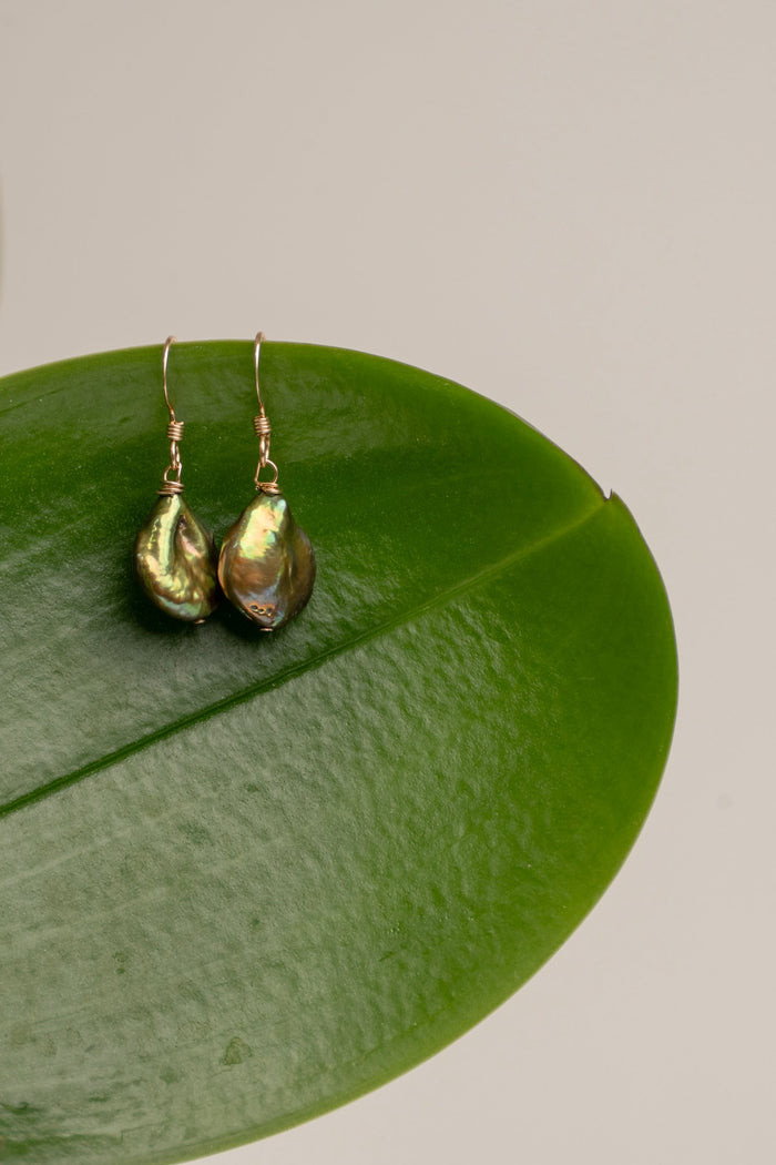 Single Drop Green Keshi Earrings on simple Earwires