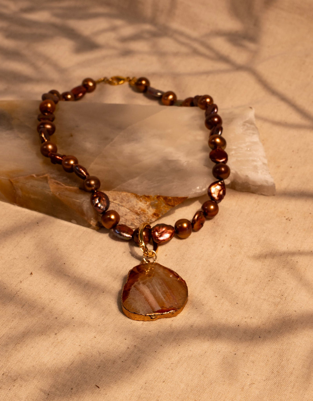 Brown Keshi Pearl Necklace with Agate and Gold Removable Clasple Drop