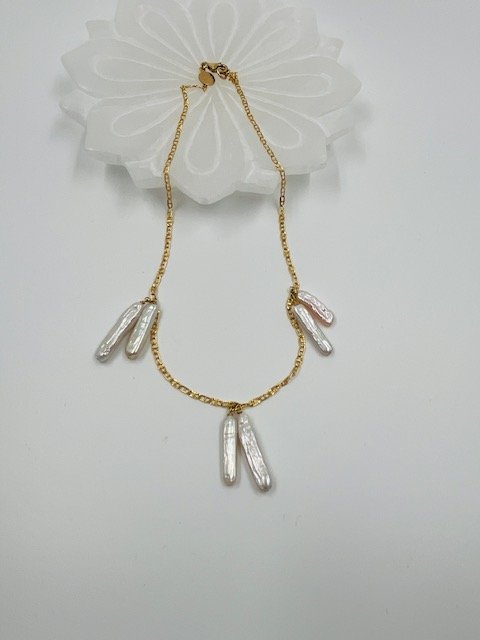 6-Biwa Pearl Station Necklace on 16" Gold Filled Anchor Chain