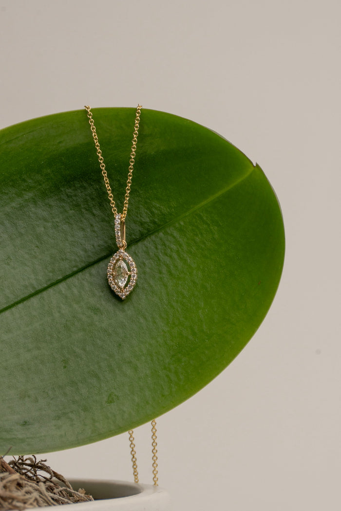 Marquise Diamond and 18Kt Gold Halo Necklace with a Diamond Halo and Diamond Bail 16" in length