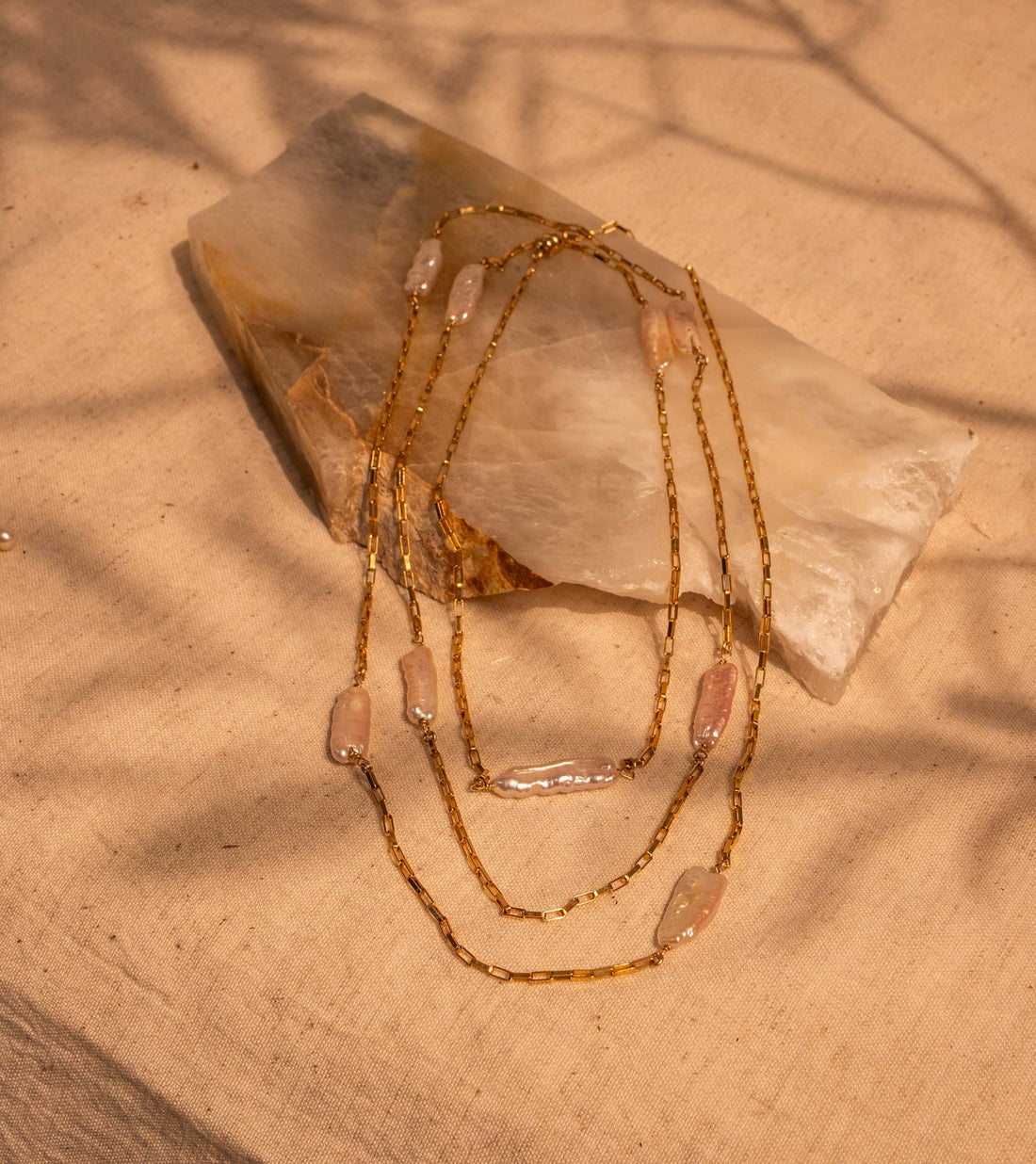 Natural Japanese Biwa Pearls with a Pale Pink Hue on 36" Box rectangular link Chain