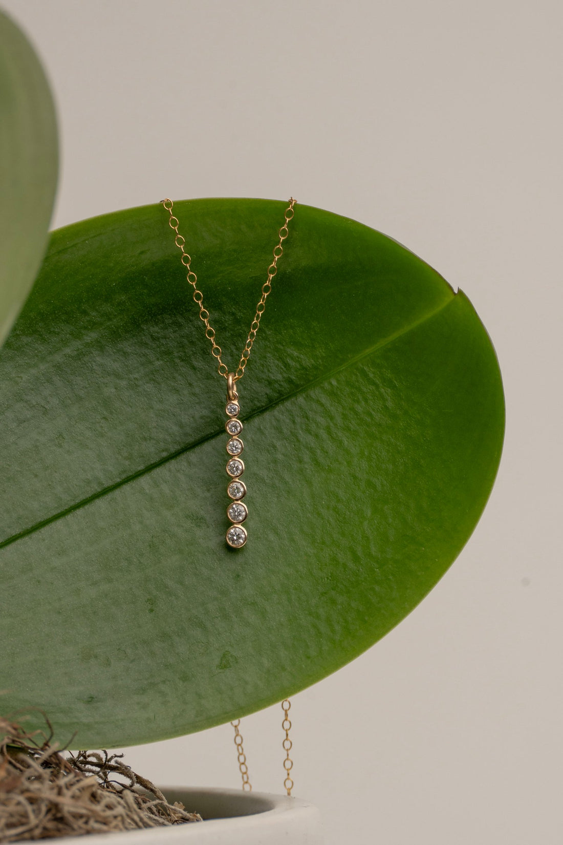 7 Stone Bezel Set Diamond Column Necklace in 18Kt Gold with 14kt 16"Delicate Gold Chain