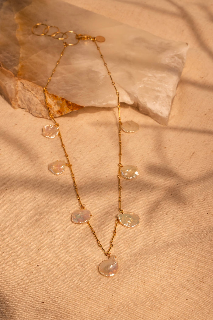 7 White Keshi Pearl Station Drop Necklace