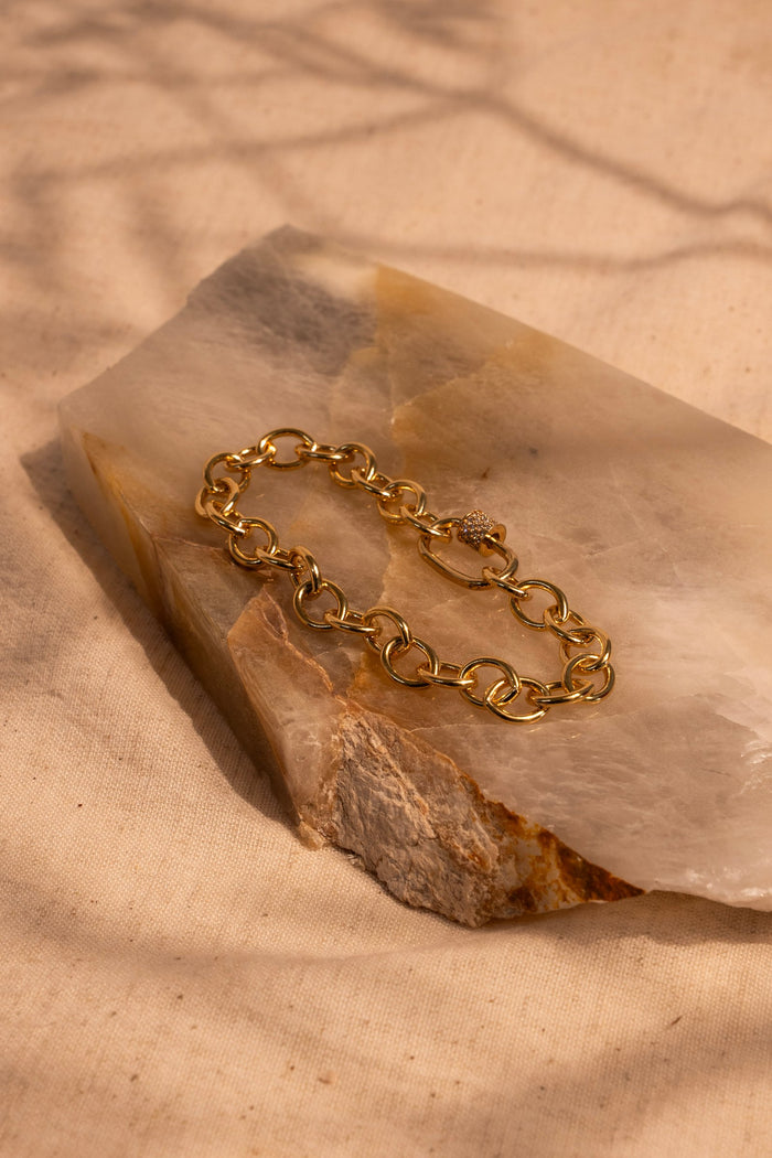 Gold Filled Thick Rolo Bracelet with Pave Accented Carabiner Clasp