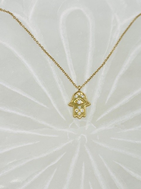 Beautiful Handmade 14Kt Gold and Diamond Hamsa on 16"Gold Chain