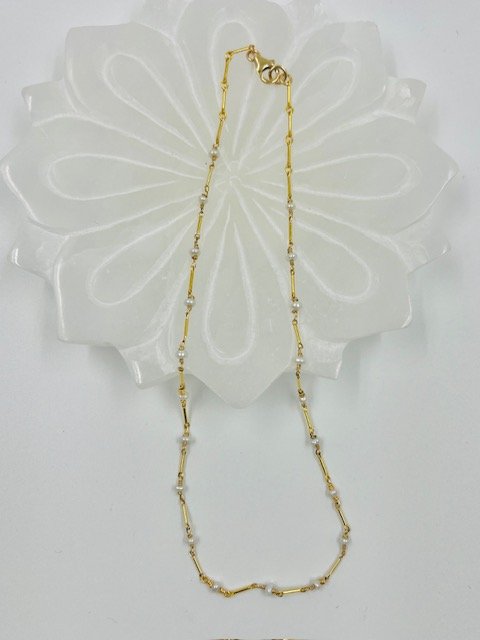 3.5mm White Pearl and Gf Bar Necklace on 15" Chain