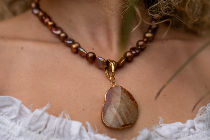 Brown Keshi Pearl Necklace with Agate and Gold Removable Clasple Drop