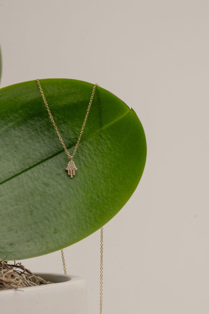 All Diamond 14Kt Gold Hamsa on Delicate 15.5" Chain