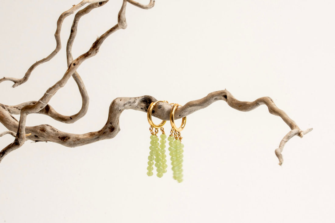 12mm Gold Filled Hoops with 3 Column Drops in Green Chalcedony