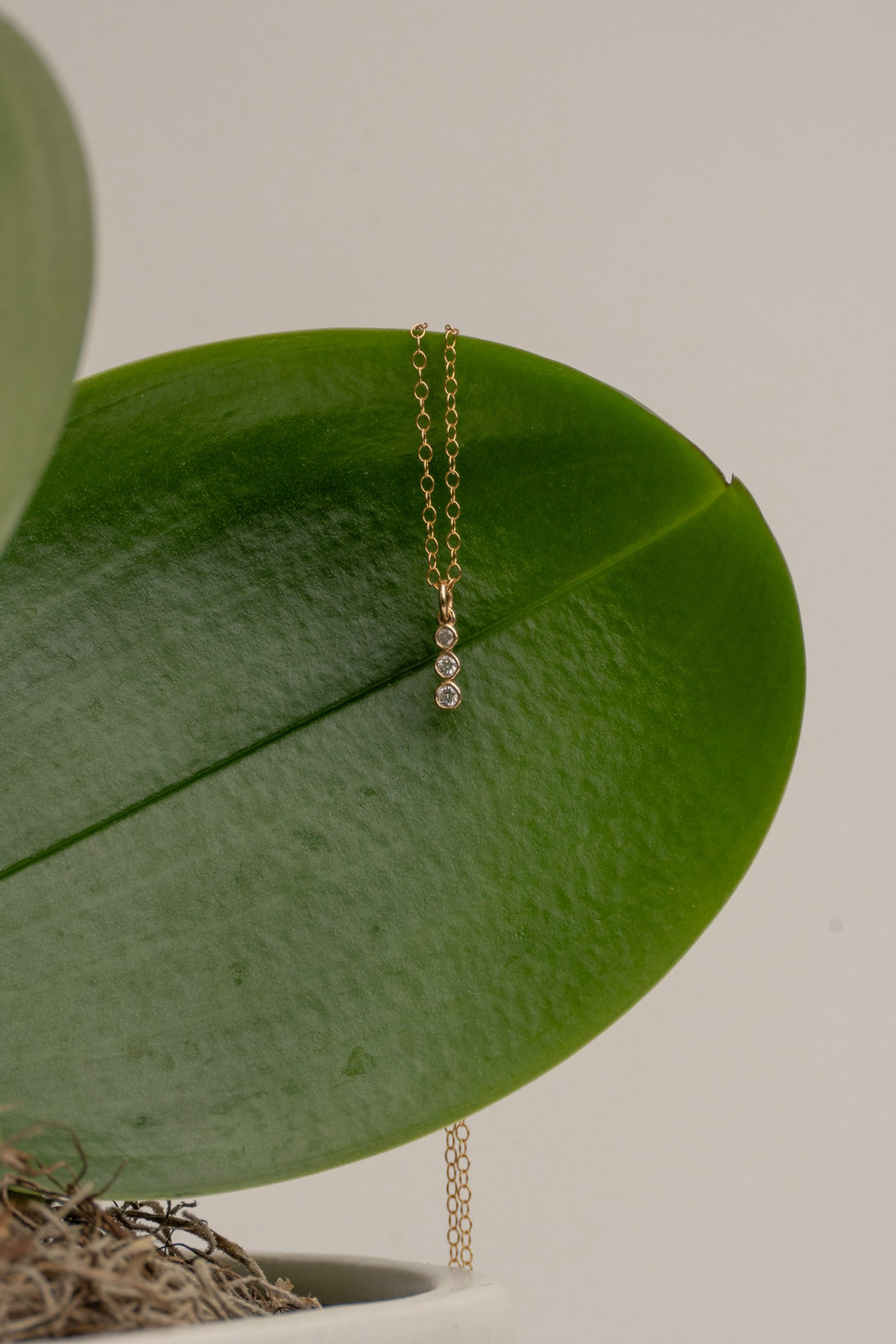 3 Stone 18Kt Gold Bezel Set Diamond Column Necklace on Delicate Gold 16" Chain