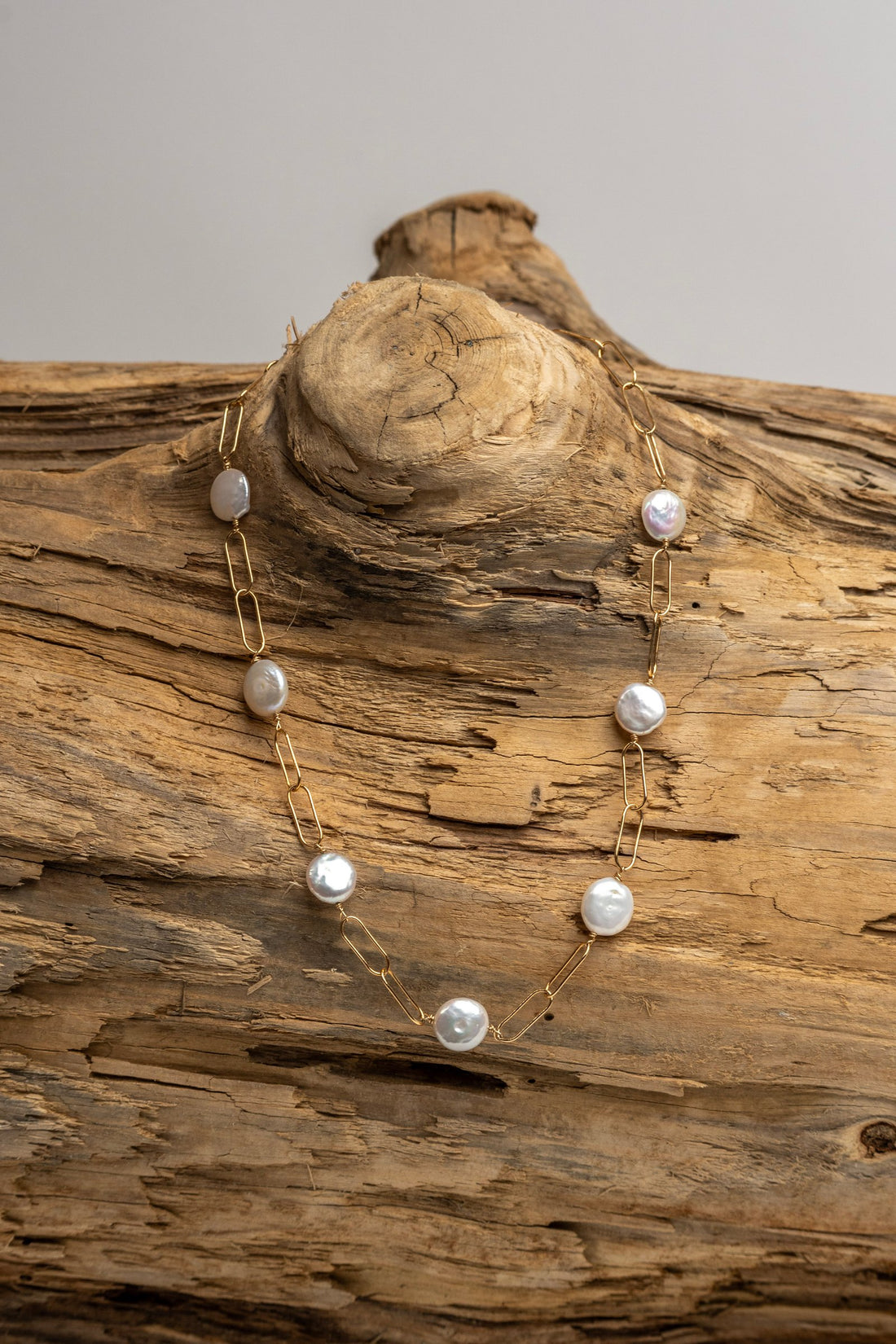 Paperclip and Coin Pearl Necklace, 15.5"