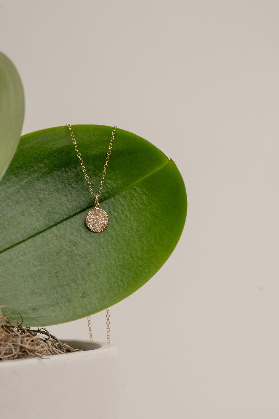 Pave Diamond Disk in 18kt Gold with a Delicate Gold Chain 15" in Length