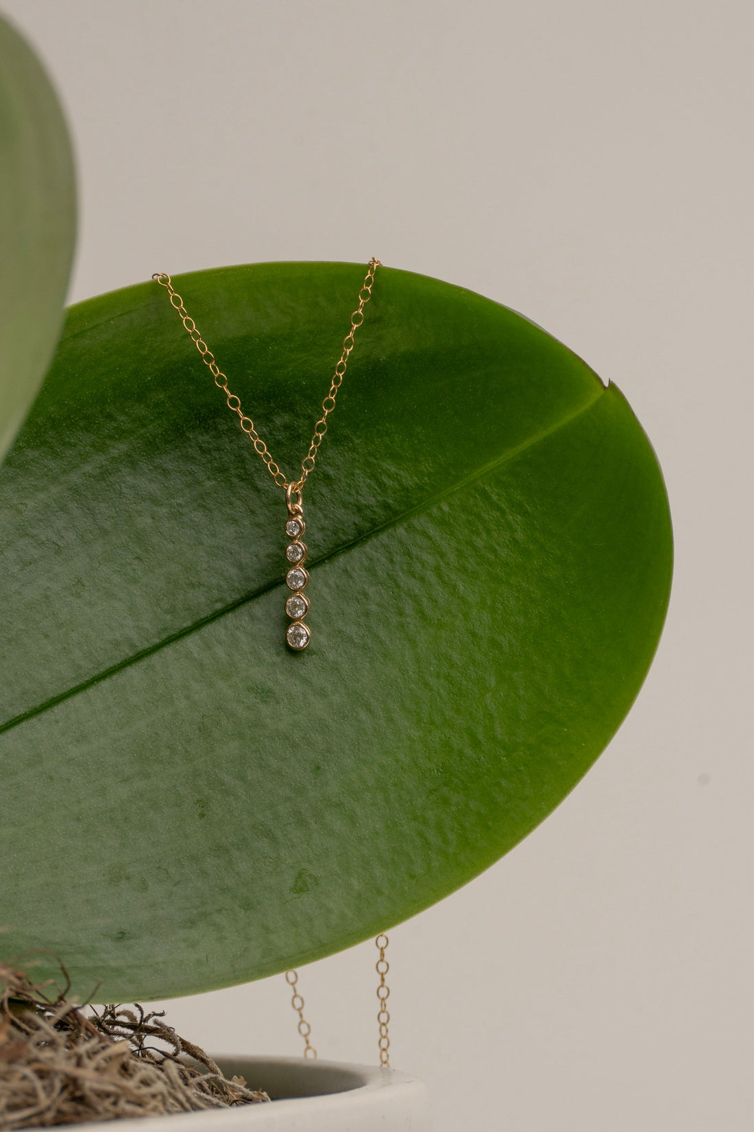 5 Stone 18Kt Bezel Set Diamond Column Necklace on 16" Gold Chain