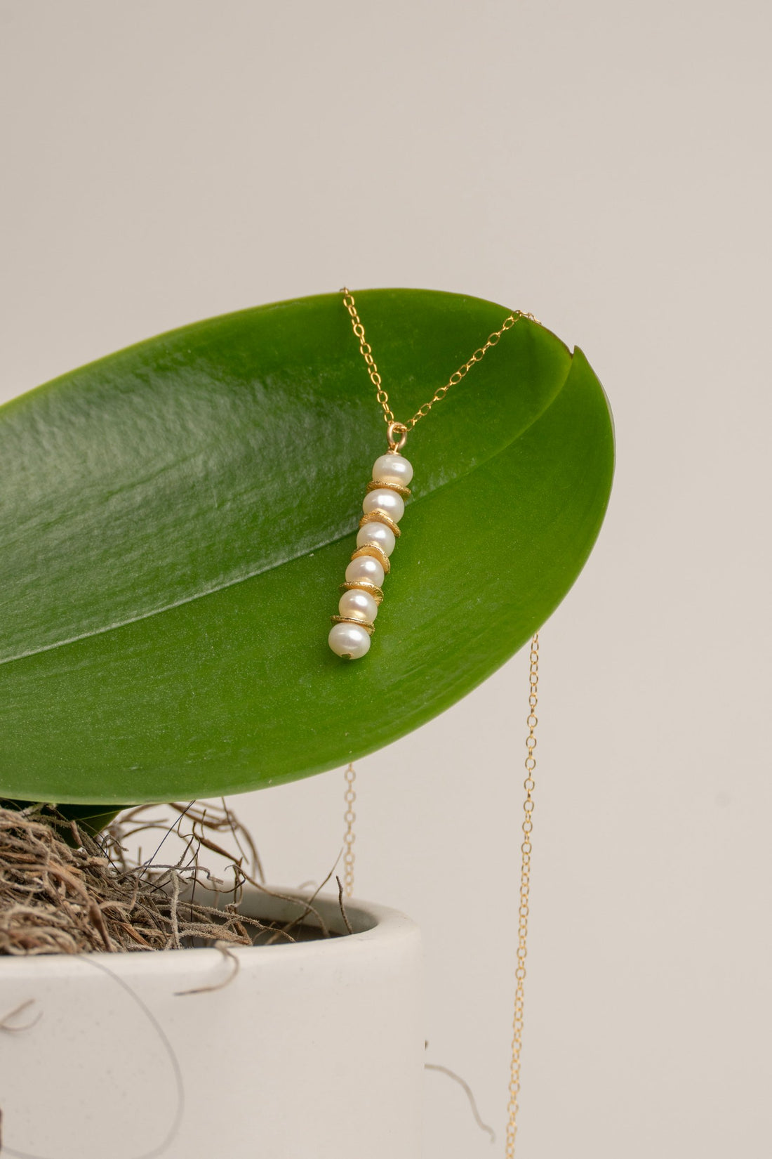 Hand Wrapped 6- 5.5mm White Pearl and Gold Accent Column Necklace