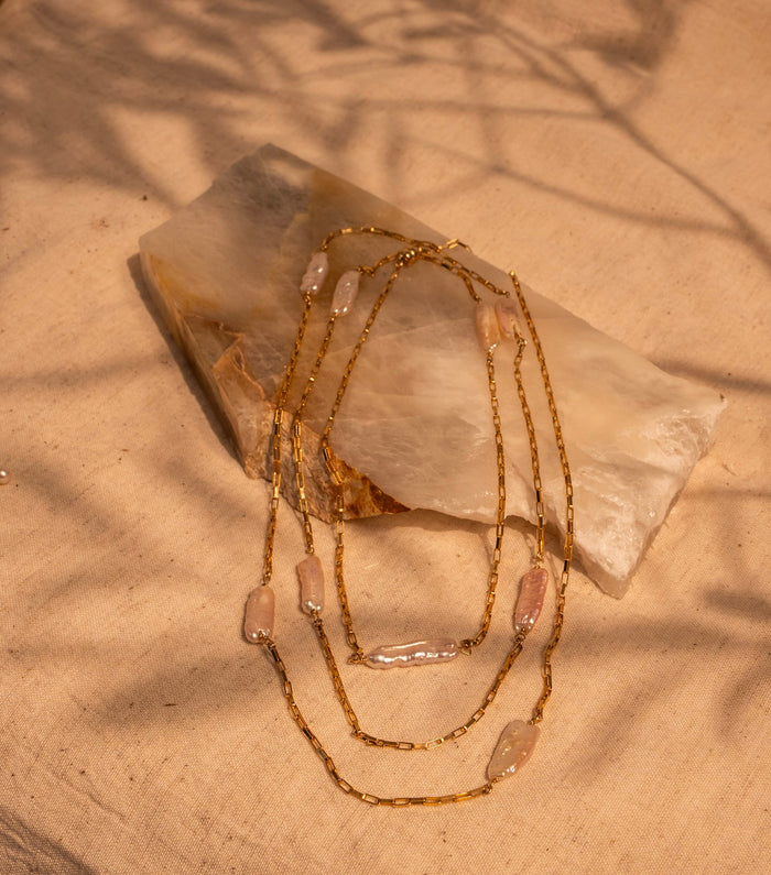Natural Japanese Biwa Pearls with a Pale Pink Hue on 36" Box rectangular link Chain