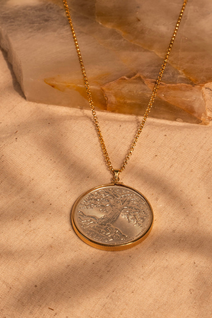 14Kt. Gold Bezel Set Rare Tree of Life Silver Dollar on Adjustable Gold Chain