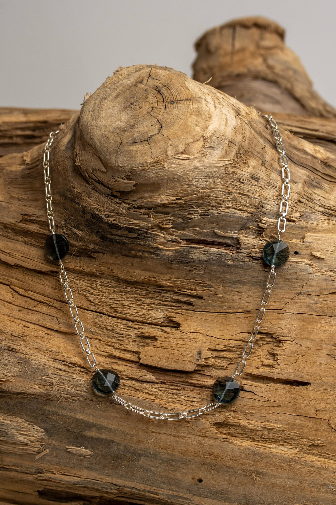 Hand Wrapped Sterling Silver Paperclip Chain with London Blue Coin Shaped Stones