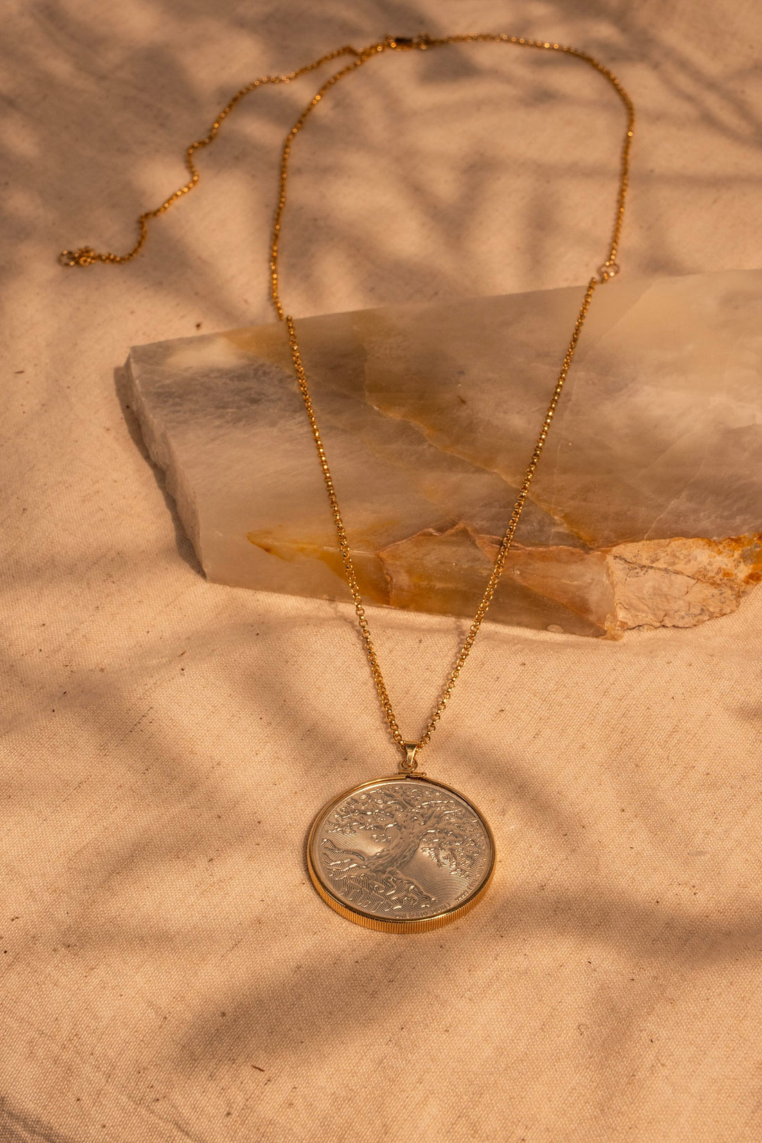 14Kt. Gold Bezel Set Rare Tree of Life Silver Dollar on Adjustable Gold Chain