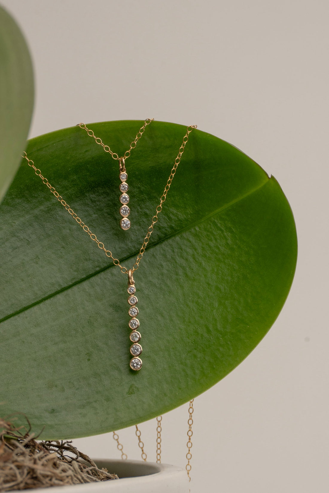7 Stone Bezel Set Diamond Column Necklace in 18Kt Gold with 14kt 16"Delicate Gold Chain