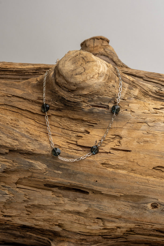 Hand Wrapped Sterling Silver Paperclip Chain with London Blue Coin Shaped Stones