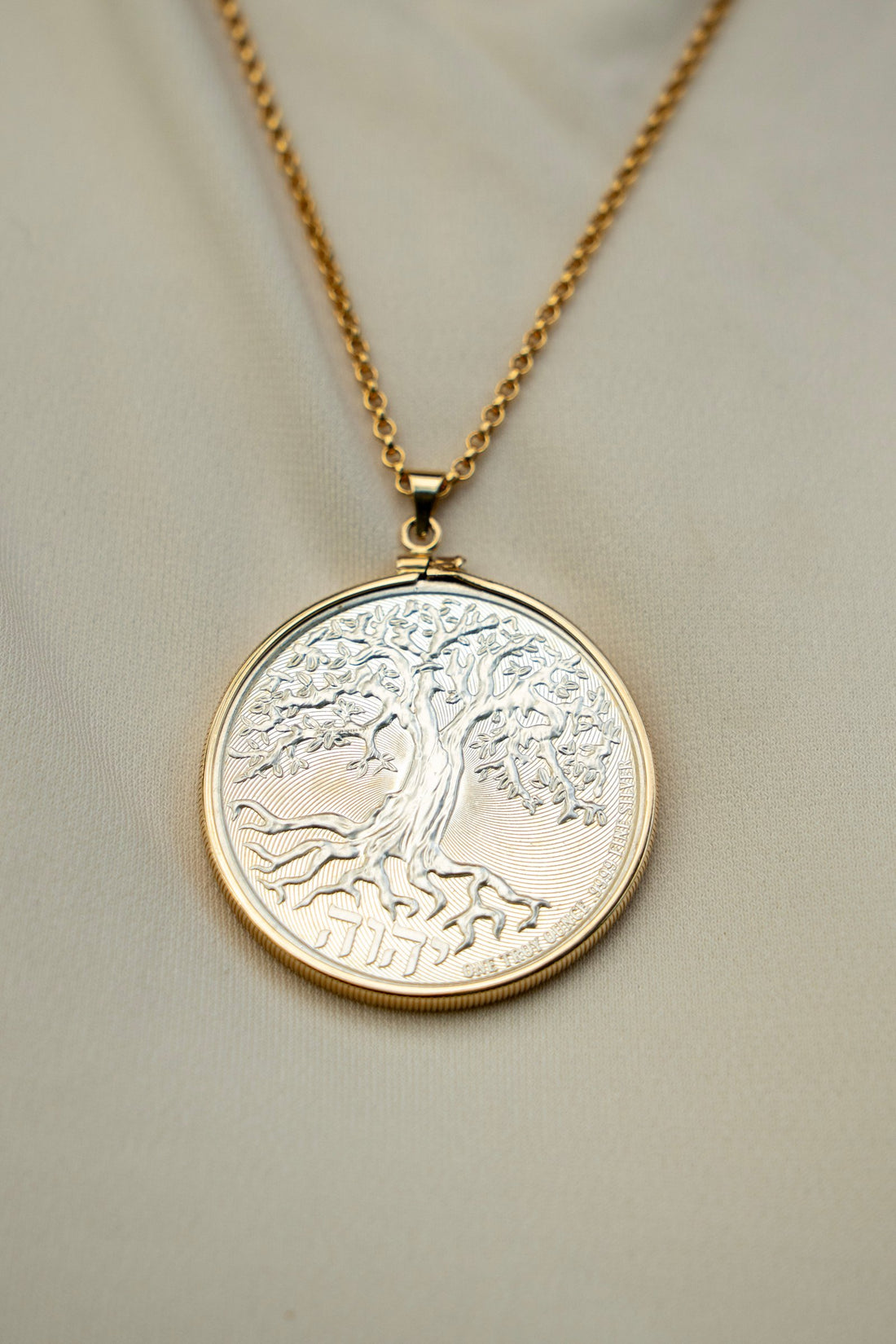14Kt. Gold Bezel Set Rare Tree of Life Silver Dollar on Adjustable Gold Chain