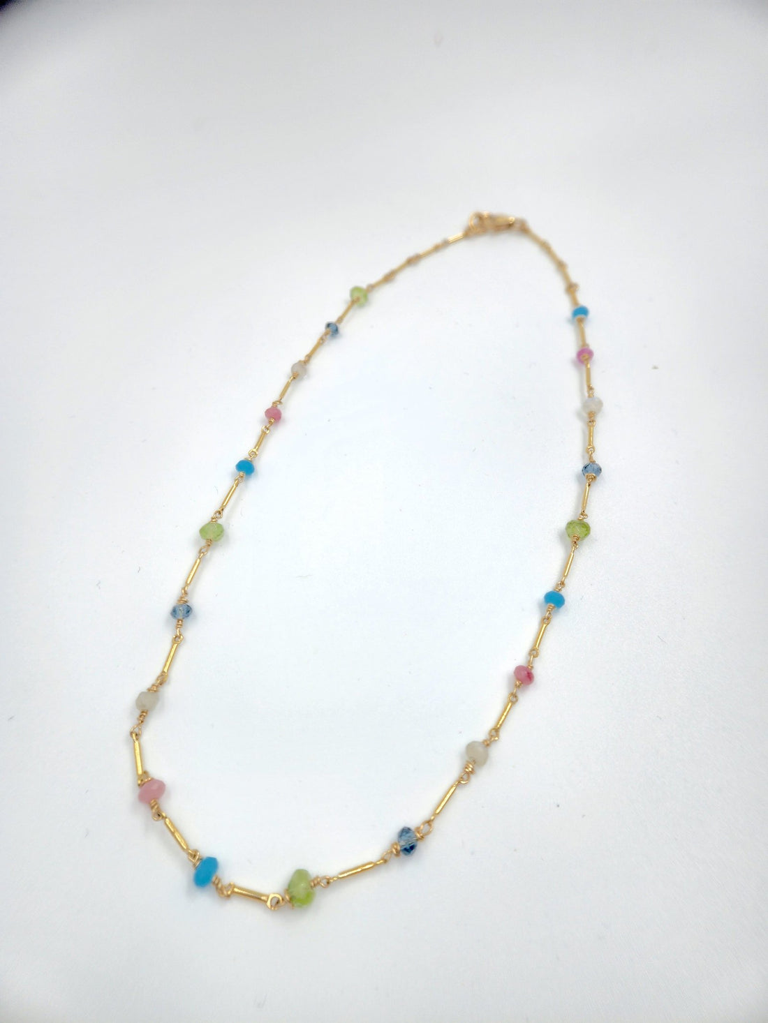 Multi Semi Precious Stone Necklace on 15" Gold Filled Bar Chain