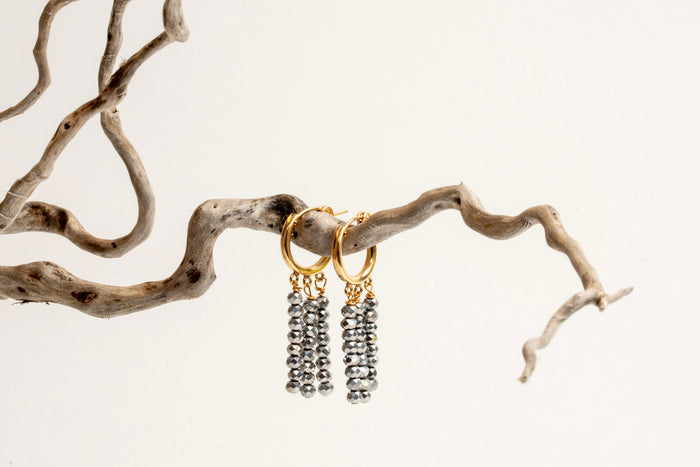 12mm Gold Filled Hoops with 3 Column Stone Drops in Pyrite