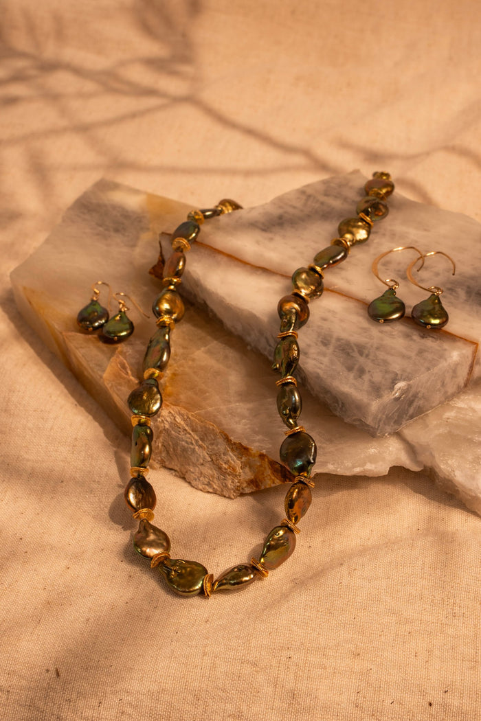 Green Keshi Pearl Drops on Artisan Earwire