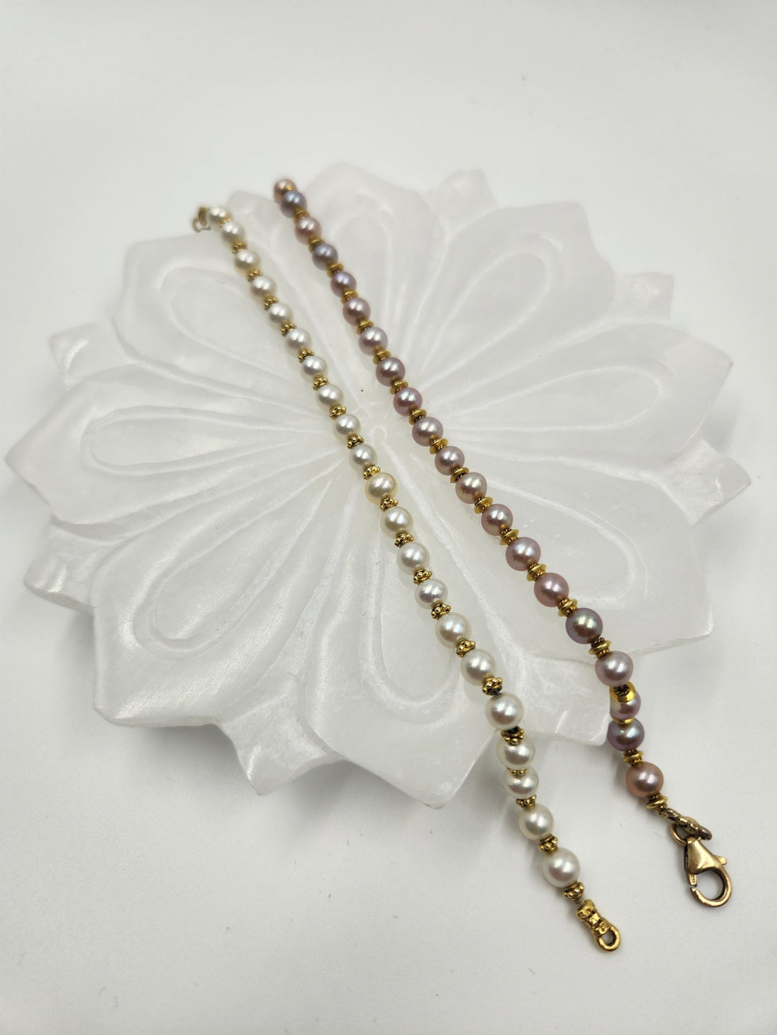 White Pearl and 18Kt gold Spacers hand made Bracelet. Shown in 7"
