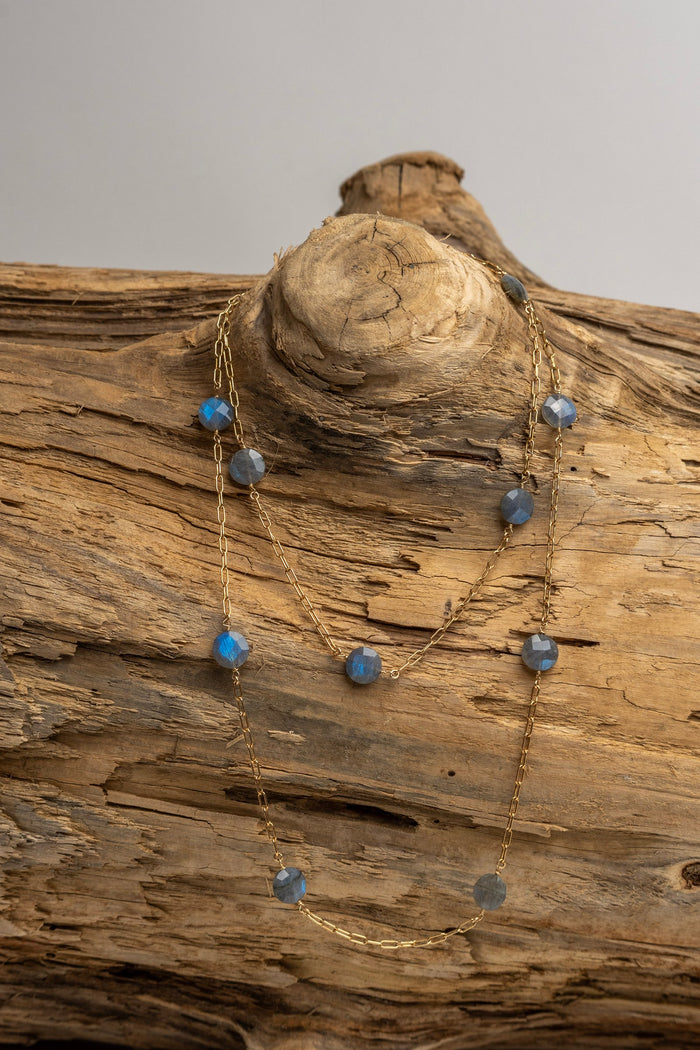 Small Gold Filled Paperclip and Labradorite Coin Stone Necklace 36"