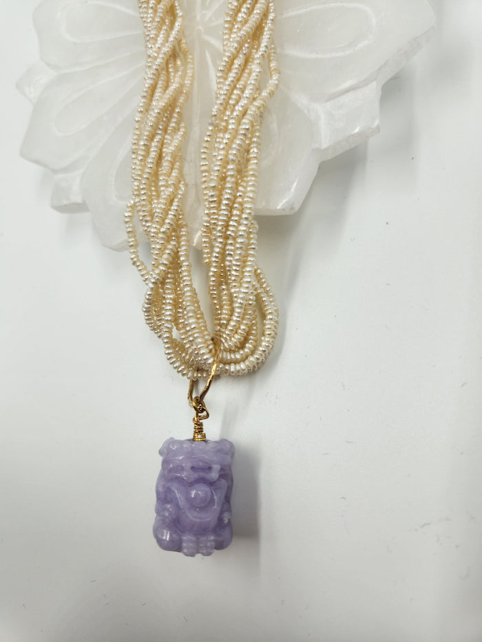 20 Strands of 1.5mm-2mm Pearls Twisted together with a Lavender Jade Dragon