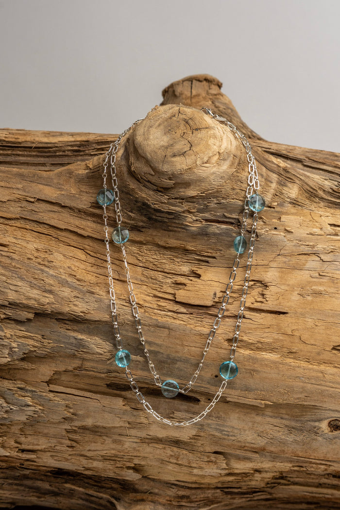 Hand Wrapped Sterling Silver Small Paperclip Chain with Blue Topaz Coin Shaped Stones