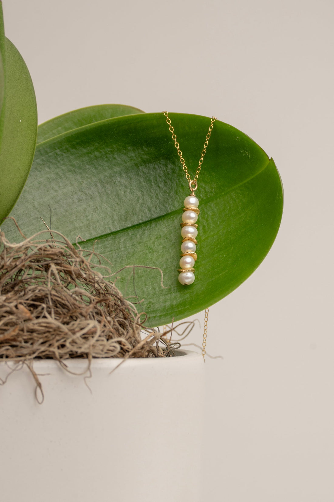 Hand Wrapped 6- 5.5mm White Pearl and Gold Accent Column Necklace