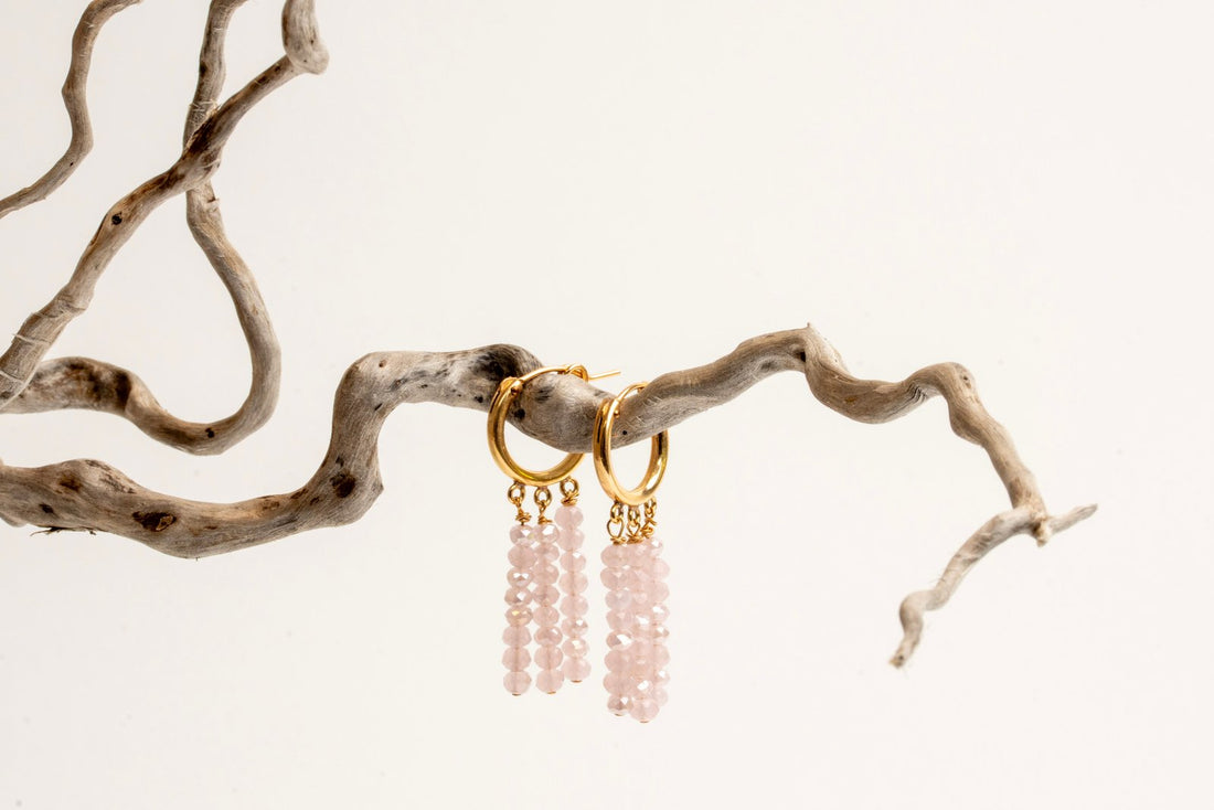 12mm Gold Filled Hoops with 3 Column Stone Drops in Pink Chalcedony