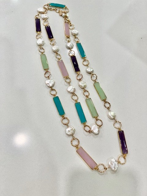 Stones Pearls,Gold Filled Accents, 42" Necklace