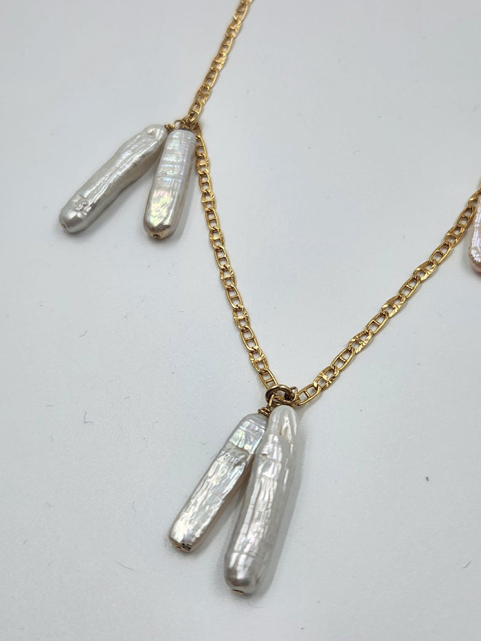 6-Biwa Pearl Station Necklace on 16" Gold Filled Anchor Chain