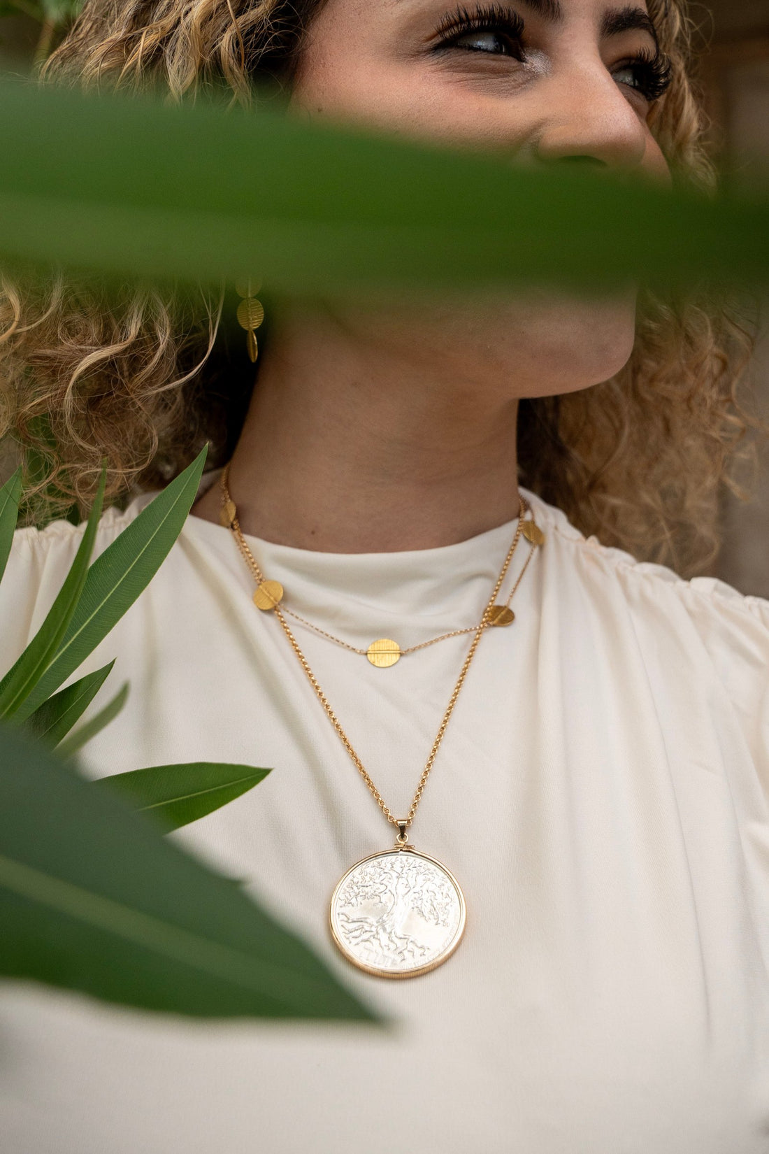 14Kt. Gold Bezel Set Rare Tree of Life Silver Dollar on Adjustable Gold Chain