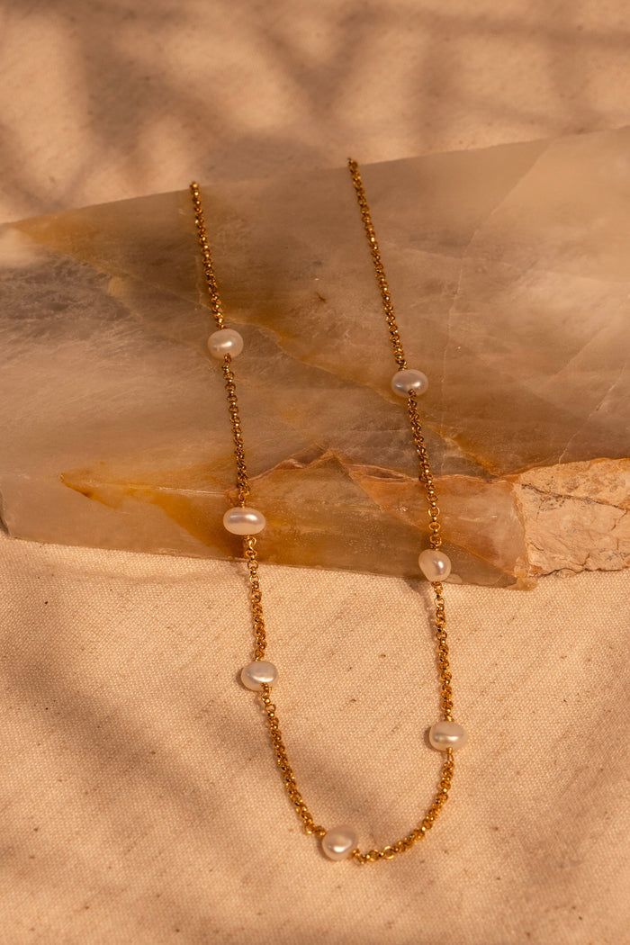 7 Station Pearl Necklace on Rolo Chain